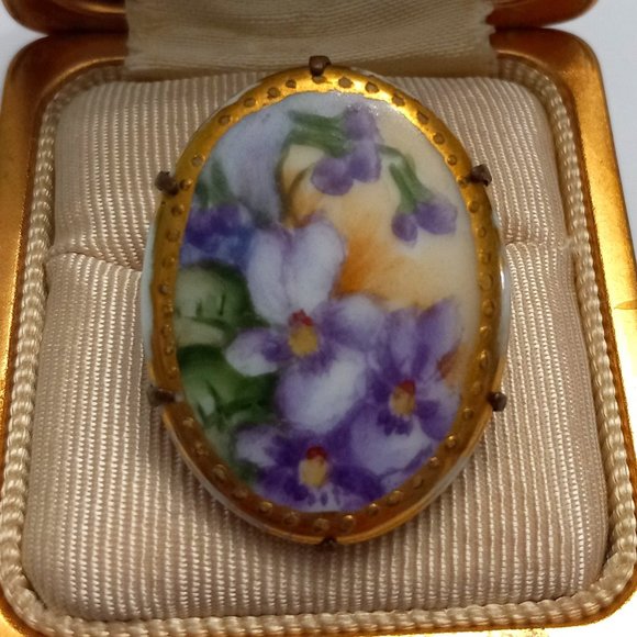 Antique Porcelain Floral Brooch - Picture 1 of 9